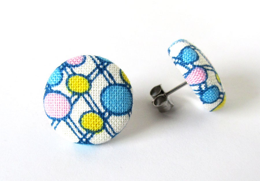 Stud earrings blue white yellow pink bright happy summer retro