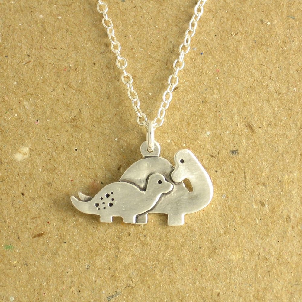 Dinosaur Necklace, Mother and Baby, Fine Silver, Sterling Silver Chain, Made To Order