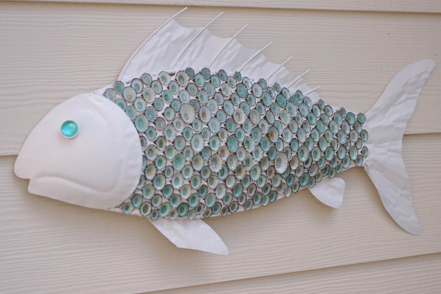 Nautical Wall Decor Metal Fish with Aqua Limpet Shell Scales -  White and Aqua