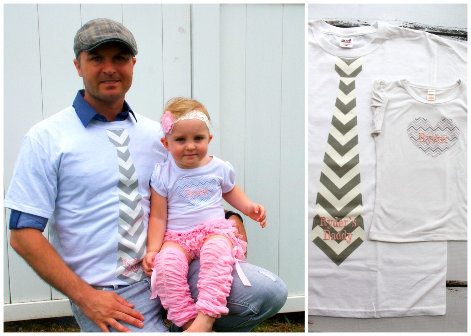 Father's Day Baby Girl Father Daughter Set of 2. Personalized New Dad Daddy Tie T-shirt & Heart Tee.  Newborn, Baby Sister, Little Sister