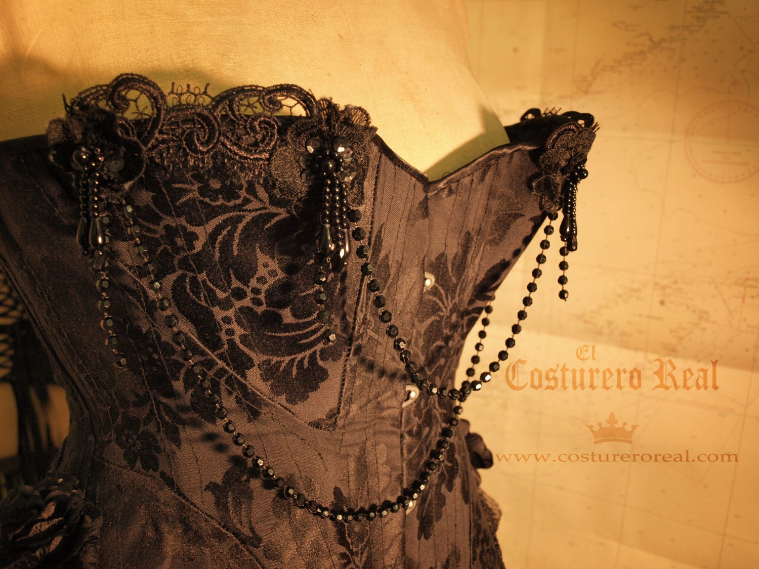 MADE BY ORDER Edwardian corset black flowers and lace gothic romanthic steampunk waisp waist