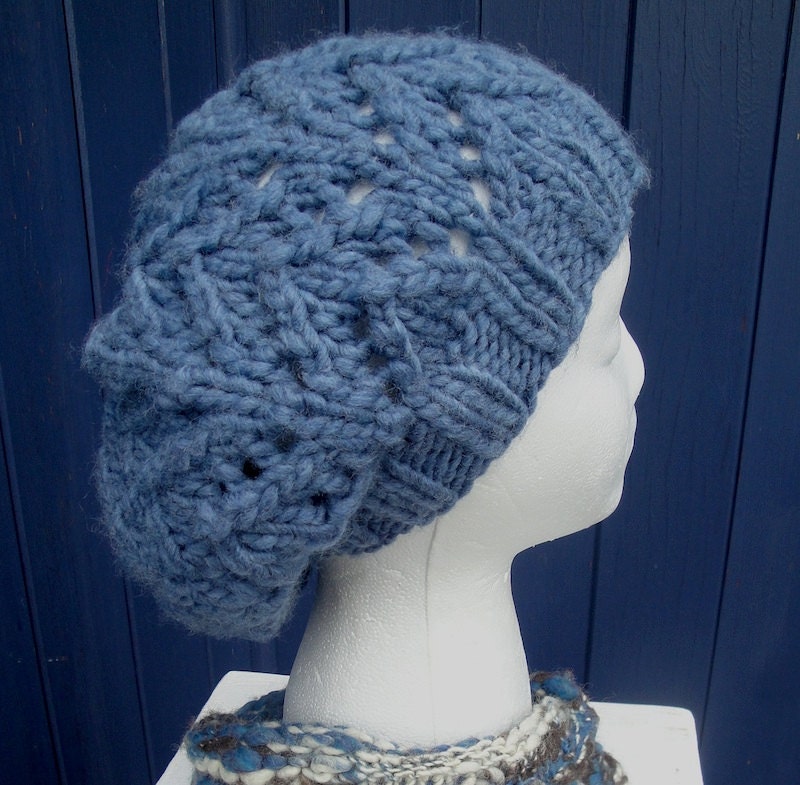 Demure or Daring - Slouchy Snood Hat. Denim Blue, Open Stitch Pattern. Free Shipping.