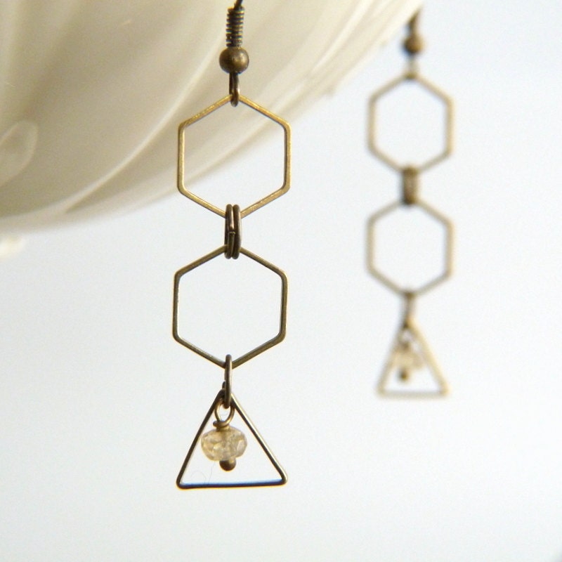 Bees' Heaven - Geometric Long Earrings - Hexagon and Triangle Citrine Dangle Earrings