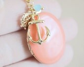 Gold Anchor Sailor Charms Necklace with Coral Enamel Locket
