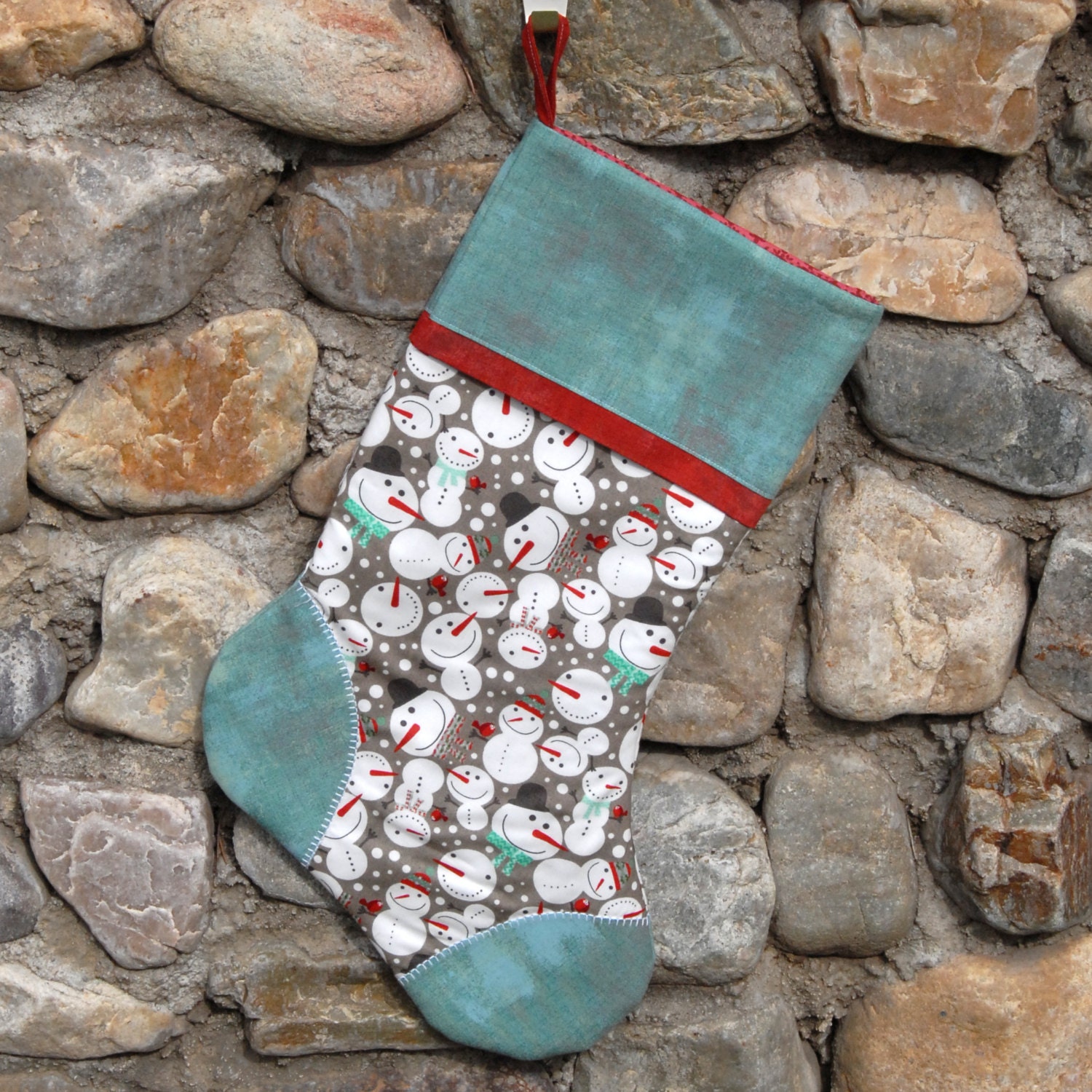 Embroidered Gray Christmas Stocking from the Red & Aqua Collection by Yards and Yards