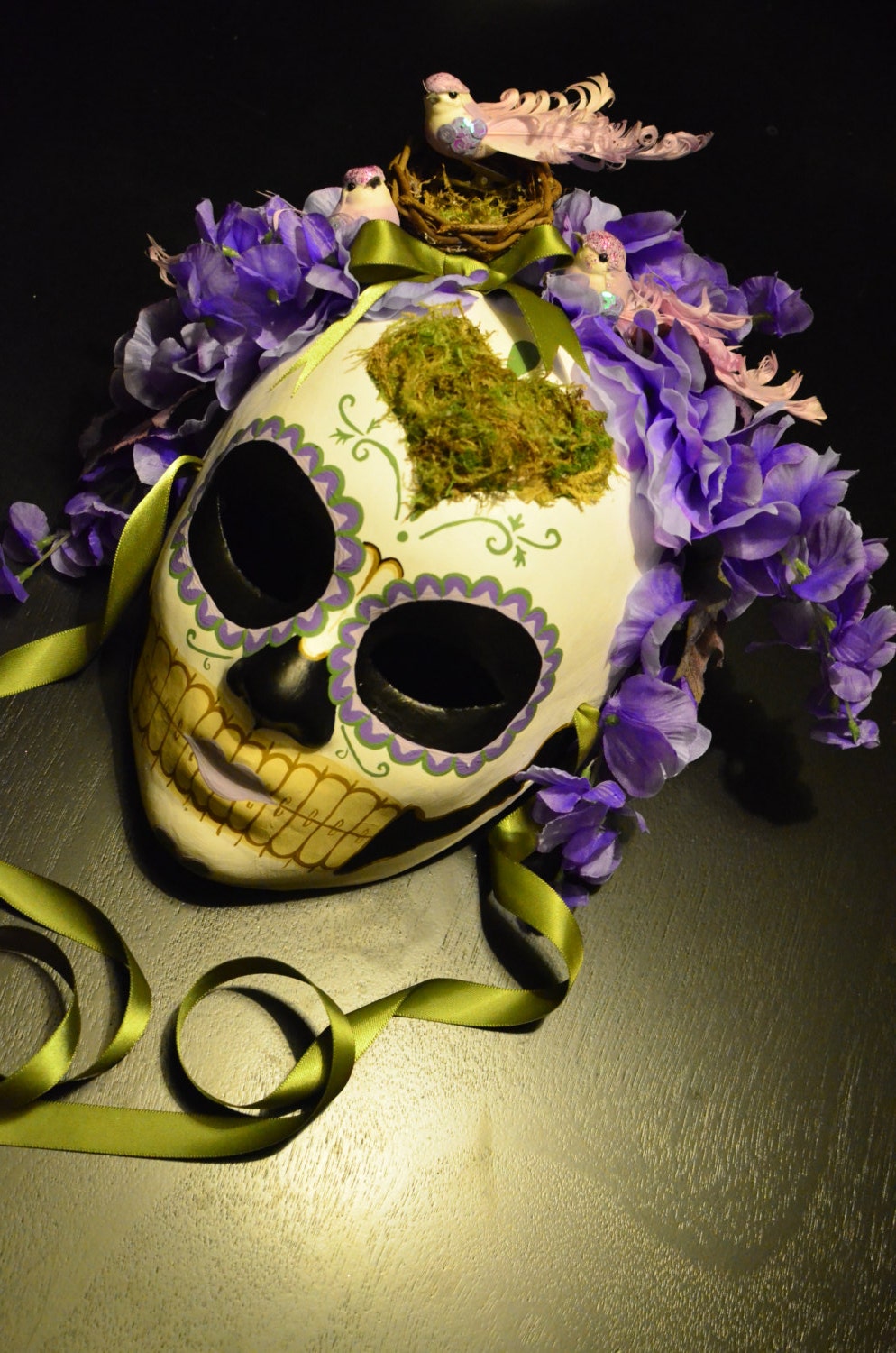 Woodland Birds Day of the Dead Mask - Moss Heart Lavender Olive Mi Amor Bride Dia de los muertos Kanzashi Headdress Valentines Day My love