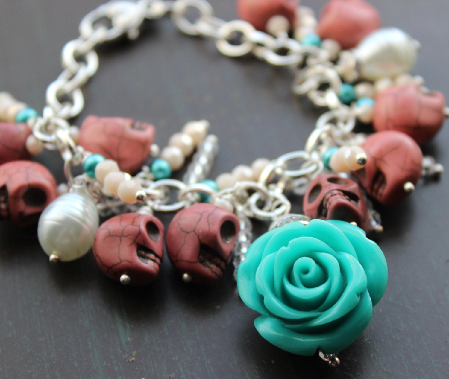 Blue Rose Sugar Skull Charm Bracelet