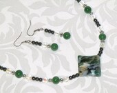 Semiprecious Stone  Necklace and Earrings - Emerald Green and Charcoal Gray Beads - gemstones rocks crystals