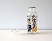 Vintage Glass Bottle, 1950s Retro Cat Design, Black, Gold Kitty Container with Lid