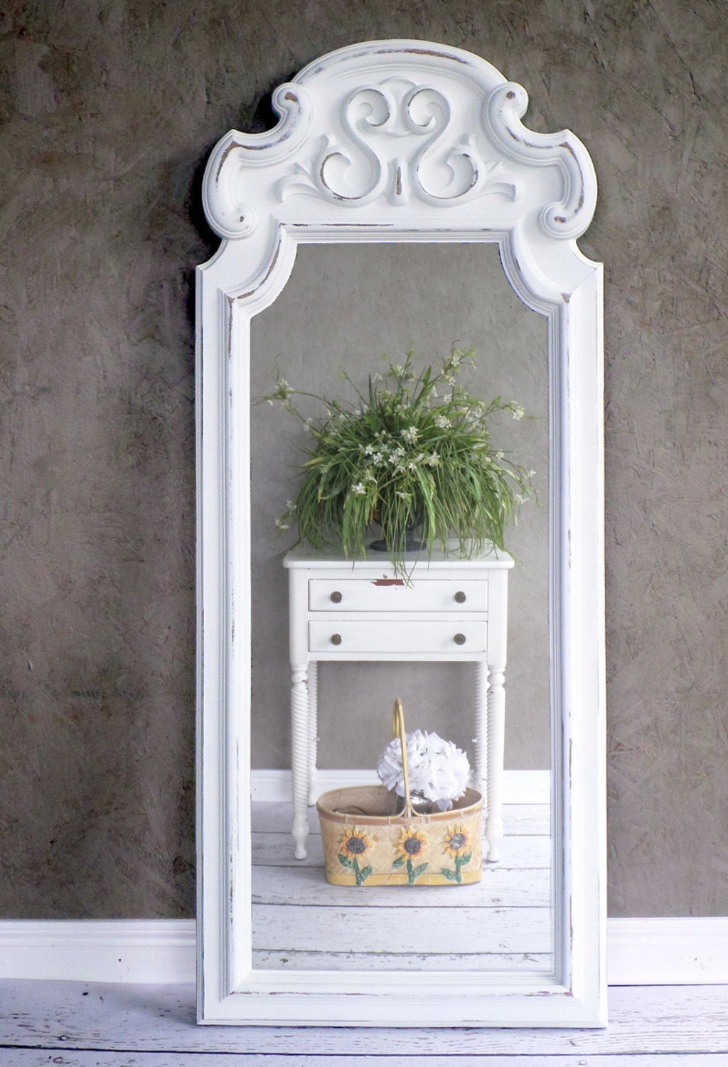 French Country Ornate White Mirror  Leaning Mirror