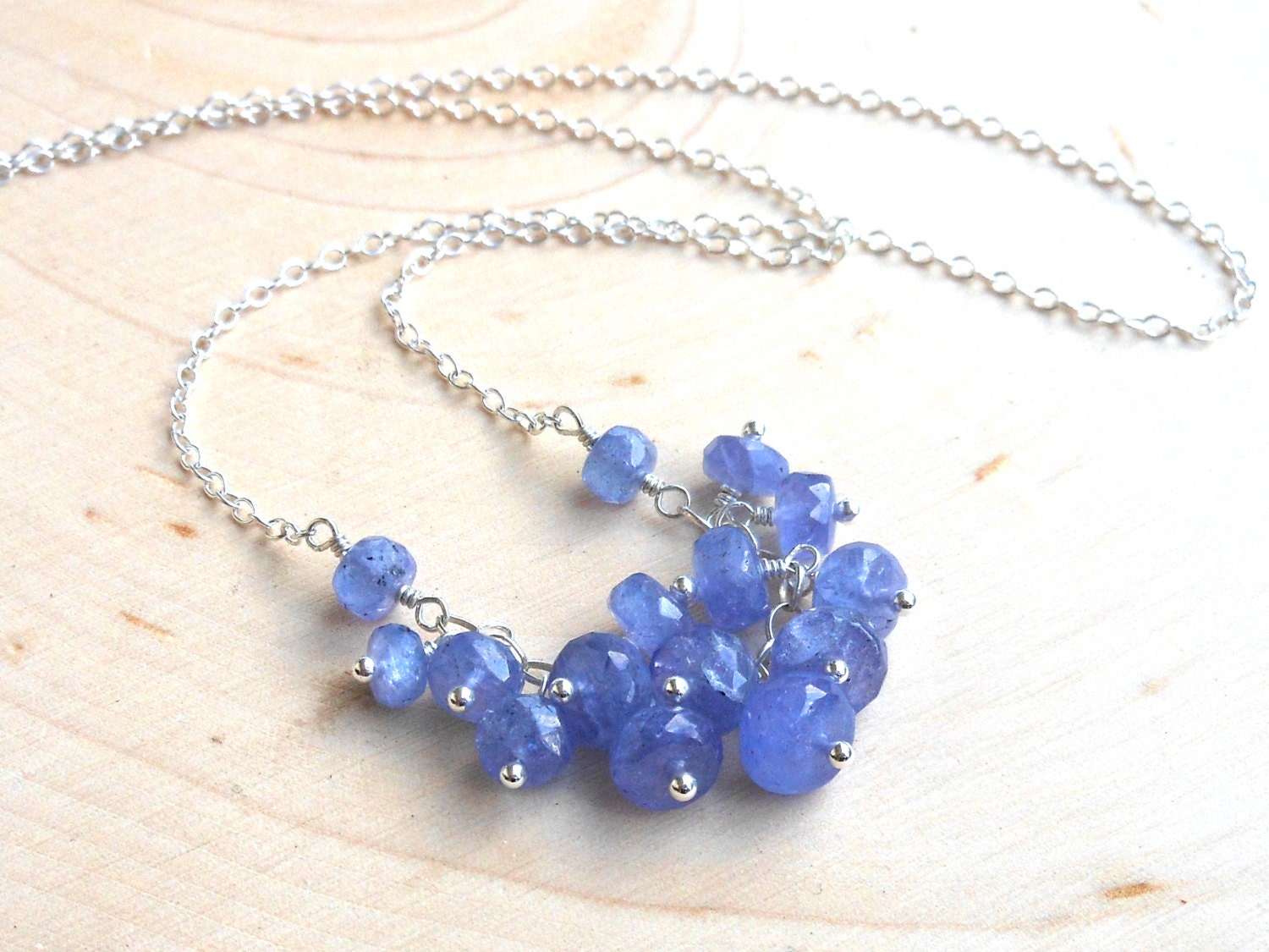 Tanzanite Necklace Beaded Gemstone Necklace, Sterling Silver, periwinkle blue bib necklace