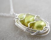 Green Pearls in a Pea Pod Necklace, Adjustable Chain, Cultured Freshwater Pearls