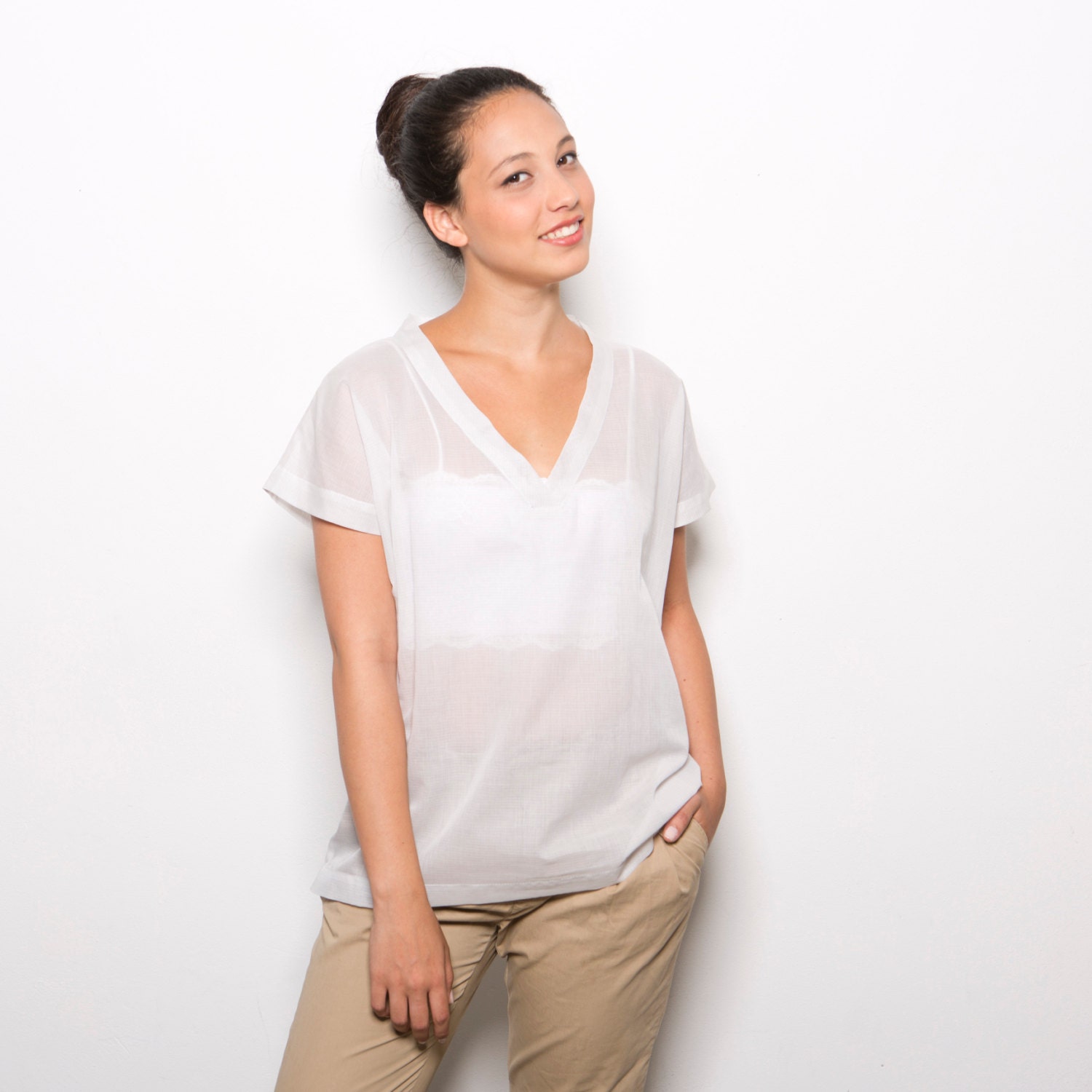 White women blouse sheer  top short sleeve shirt  deep v neckline, cotton tshirt