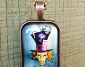 Gothic Mad Hatter, Alice in Wonderland Necklace Steampunk Glass Pendant