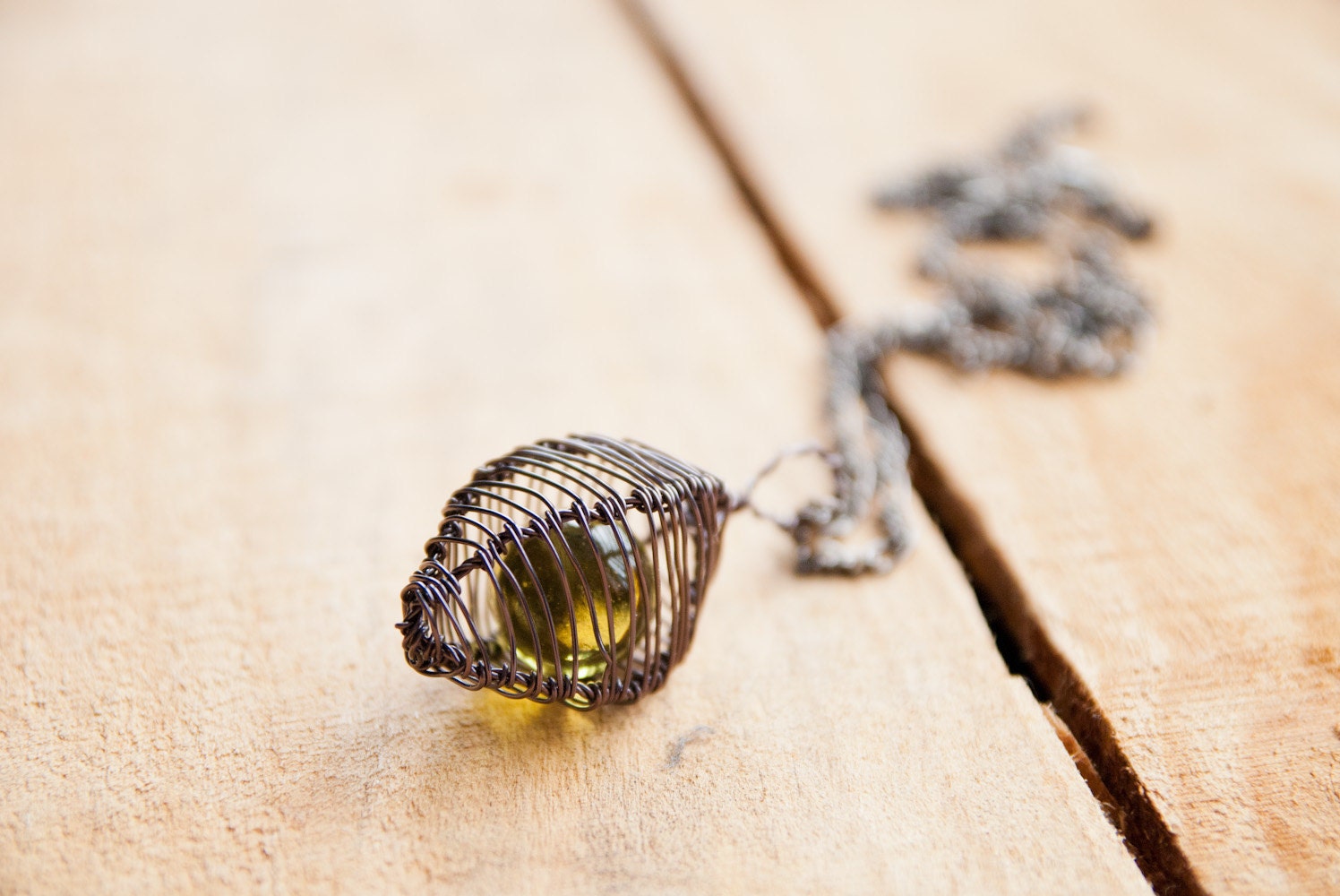 Cage Necklace Pendant in Mauve Grey and Golden Green