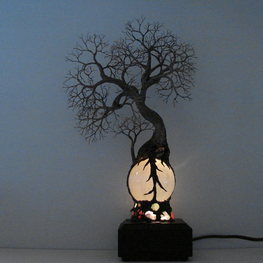 Full Moon Rising Tree Of Life Duo Spirits sculpture on White Selenite Sphere Gemstone Lamp, Wood base, Weddings, Anniversary, Mothers Day