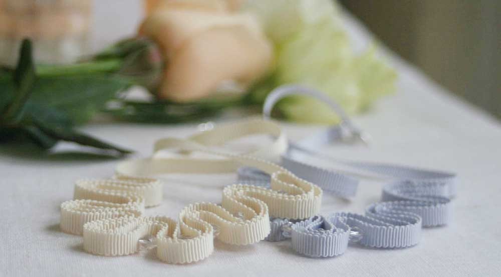 Diamonds and pearls- Ivory grosgrain necklace with pearls and crystals