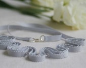 Soft grey grosgrain necklace with glass beads