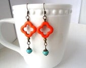 Orange Quatrefoil Earrings, Clover Earrings, Mediterranean, Long Dangle Earrings, Alhambra, Orange and Turquoise Earrings
