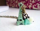 Mint Eiffel Tower Necklace, Paris Jewelry, French Charm Necklace, Verdigris Patina, Romantic, Hand Painted Jewelry