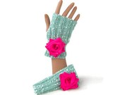 Mint fingerless gloves pastel Spring gloves hot pink rose womens knitted mitts in mint green with bright pink ribbon flower