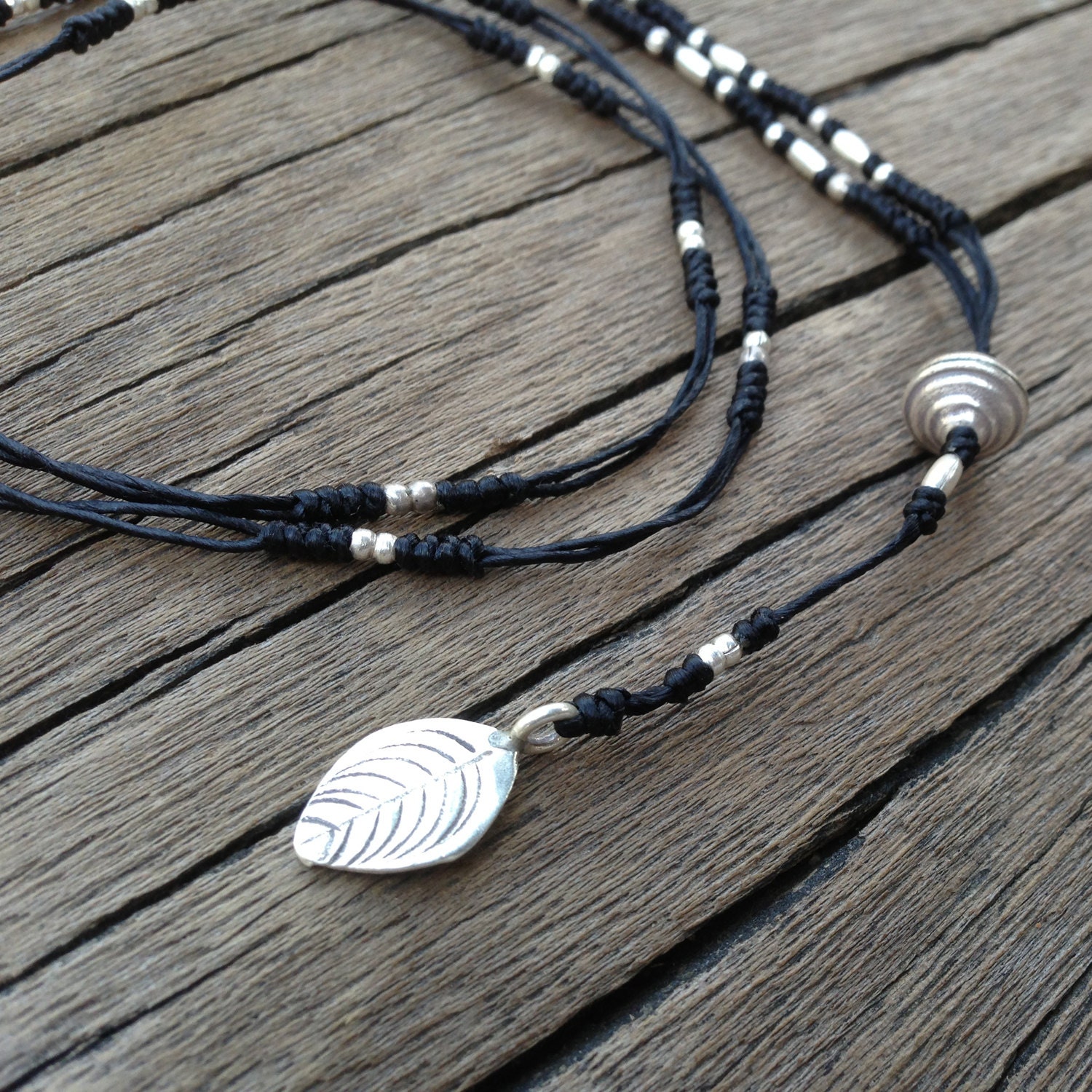 Leaf Charm Long Necklace, Sterling Silver Leaf and Beads, Casual Chic Dainty Delicate Necklace, Black Necklace, Friendship Necklace, Summer - PiscesAndFishes