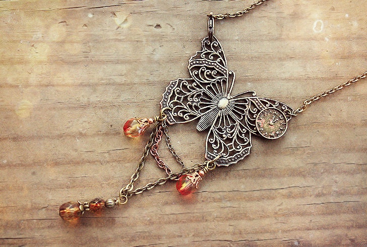 Rusty Black - Gold - Copper Butterfly Necklace