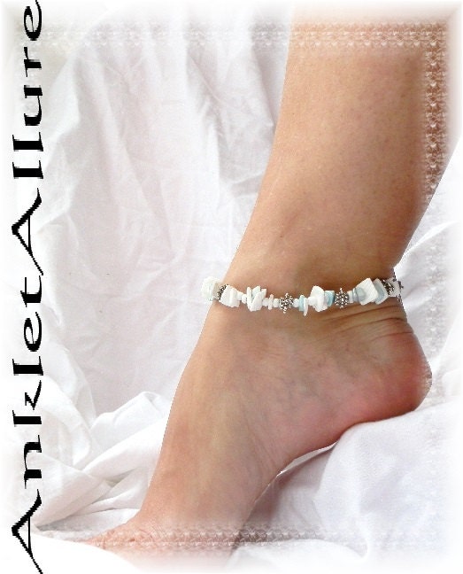 Partly Cloudy Beach Gypsy White Shell Anklet Blue Coco Beads Silver Ankle Bracelet