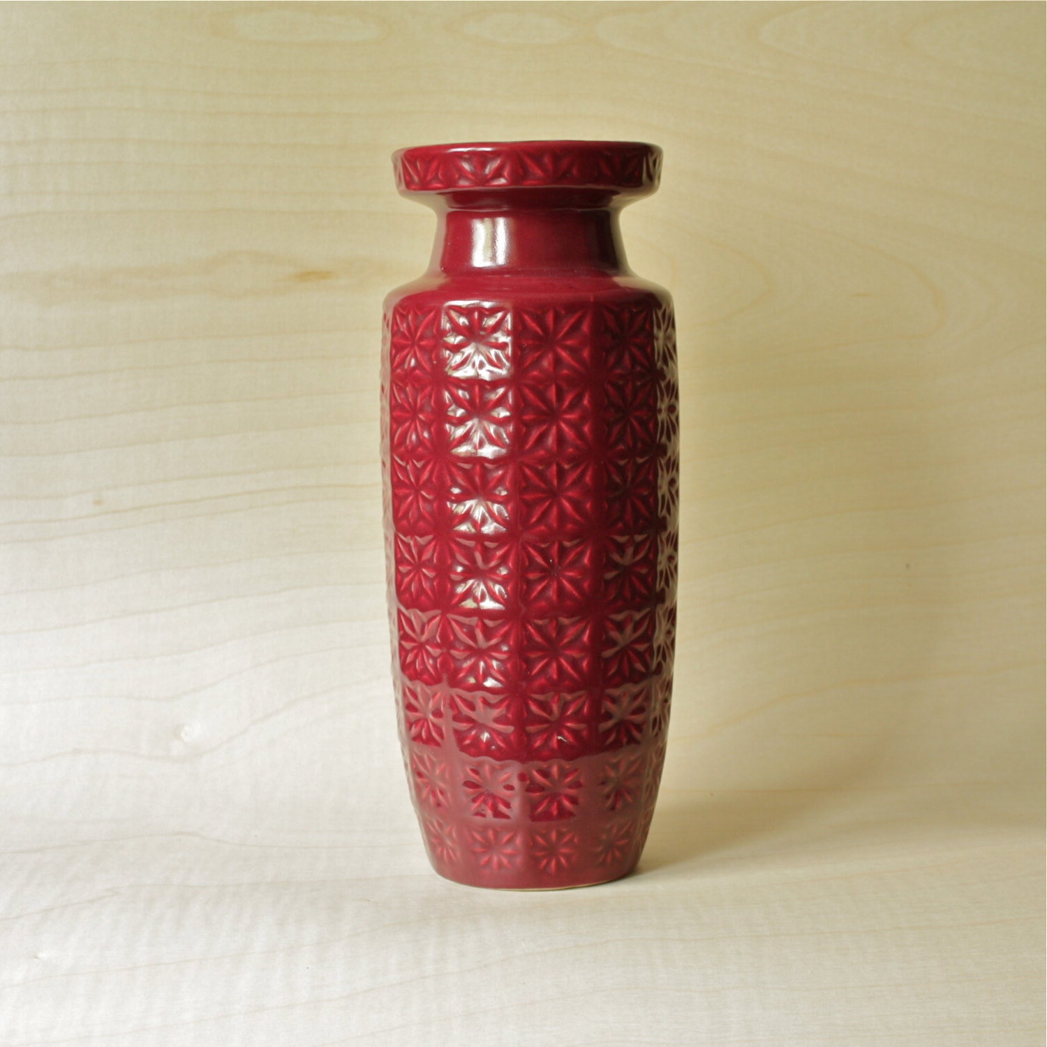 LARGE Vintage West German Pottery Vase by Scheurich Prisma Pattern in Burgundy