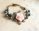 Pink Rose Bracelets, Cuff, Smoke Black Blue pearls, Antique Brass Filigree, Pastel Pink Rose, Bridal, Wedding, Bridesmaids Jewellery, Lace