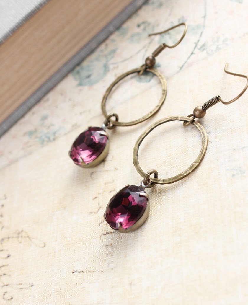 Dangle Earrings Clear Purple Amethyst Drop Vintage Glass Jewelry Modern Jewellery Rustic Hammered Brass Hoops Antique Brass Long Rhinestone