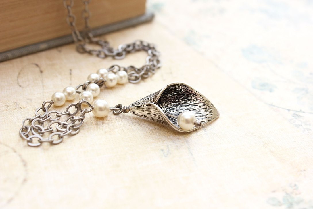 Calla Lily Necklace Flower Pendant Pearl Chain Antique Silver Floral Jewellery Modern Lillies Gardern, Botanical Spring, Long, Nickel Free