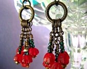 Red Tulip Flowers Recycled Glass Beads Earrings Green Iridescent Brass Etched Rings Edwardian Dangles BOUQUET from My Secret Lair