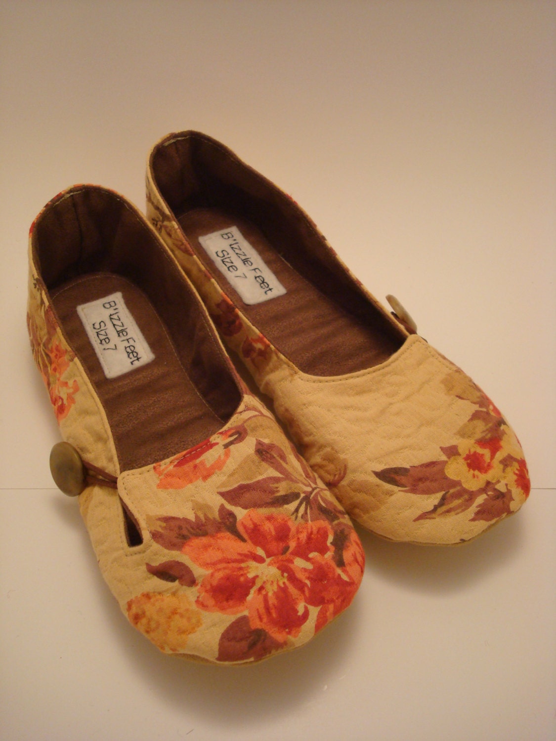 B'Izzie Feet - Any US Adult Size - House Slippers / Shoes in a Tan Rose Floral Print with Toughtek Non-Slip Soles - Custom Made