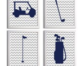 Golf Sports Nursery Baby Girl Boy Grey Navy Chevron Prep more colors available set of 4 each 11x14