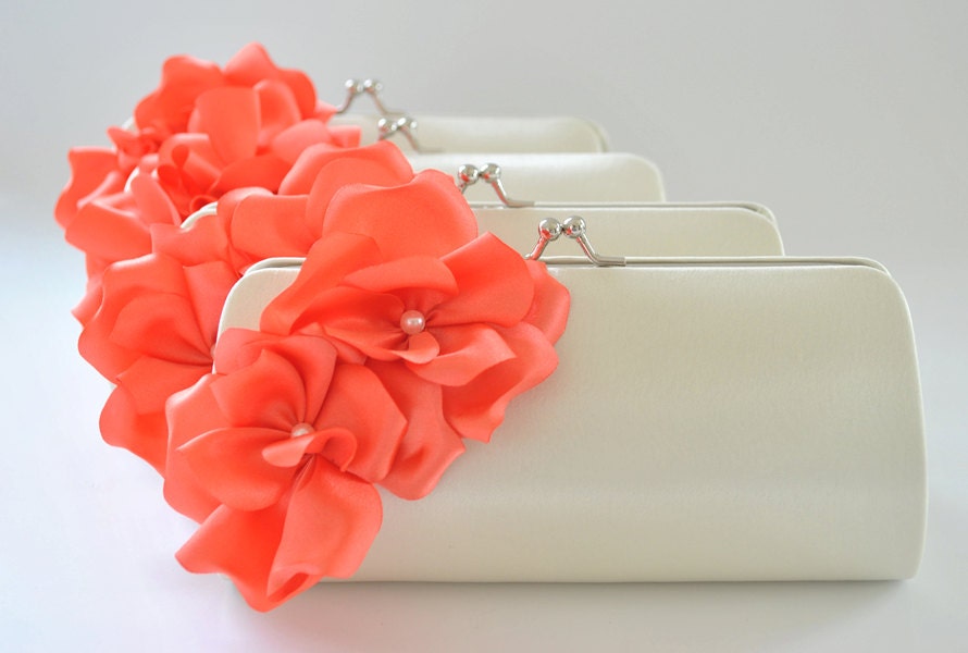Set of 9 Bridesmaid clutches / Wedding clutches  - Small sized clutch - Ivory, Coral - CUSTOM COLOR