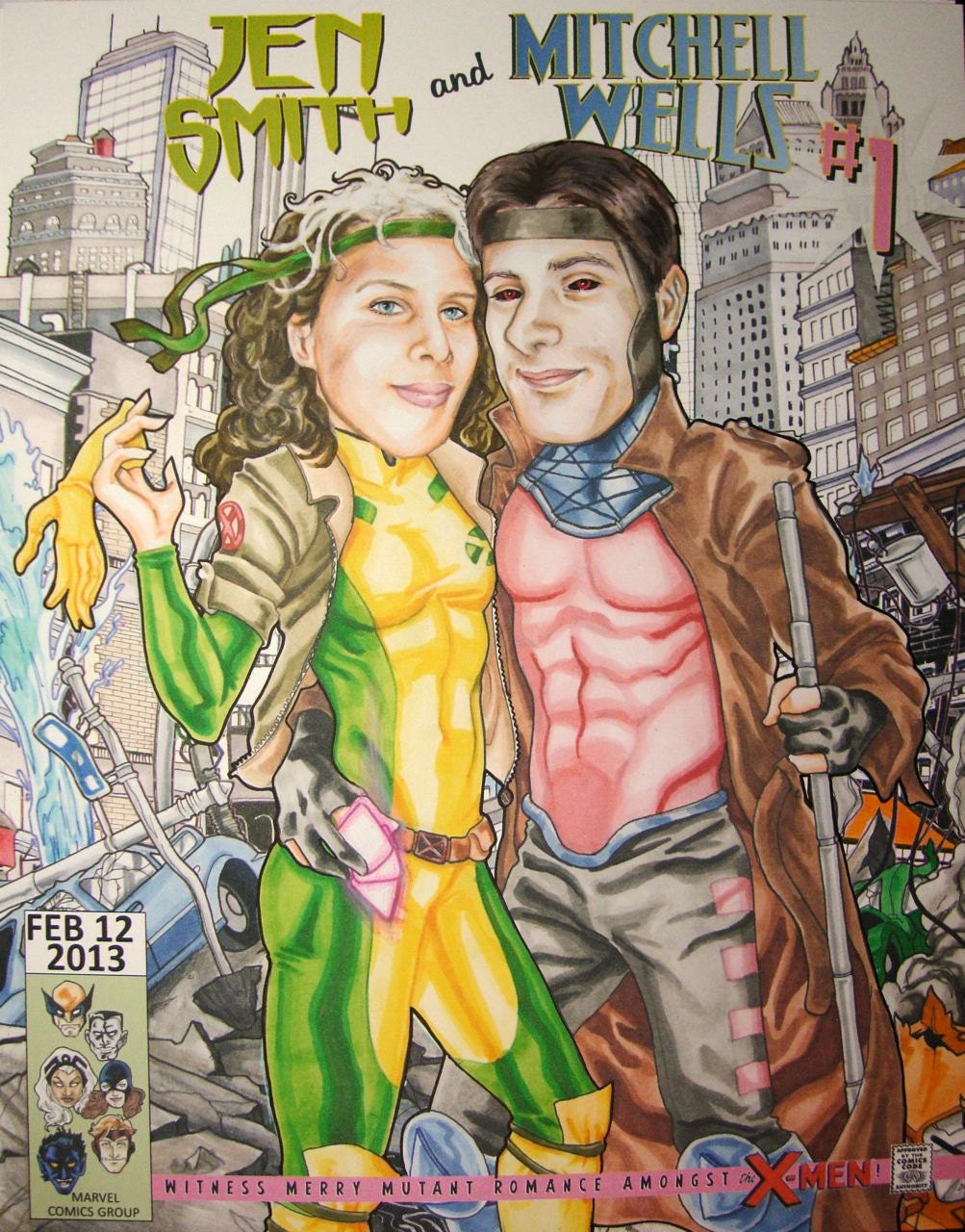 Rogue and Gambit X-Men Couple Custom Portrait Marvel Comic Book Cover Wedding Anniversary