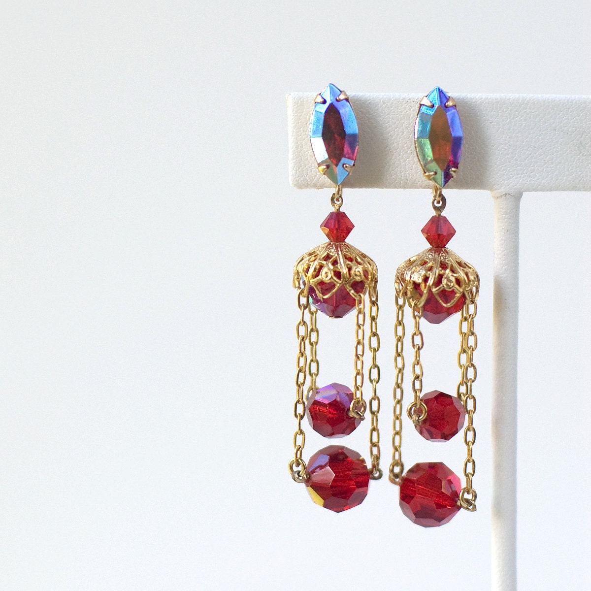 Vintage Lewis Segal Red Aurora Borealis Dangle Earrings