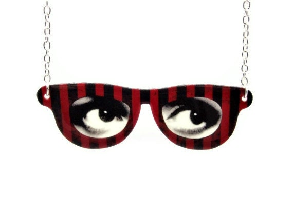 Red Eyeglass Necklace Eyes Frame Stripes Circus Pendant Black Stripes Customize Mod Fun Statement Jewelry - TheSpangledMaker