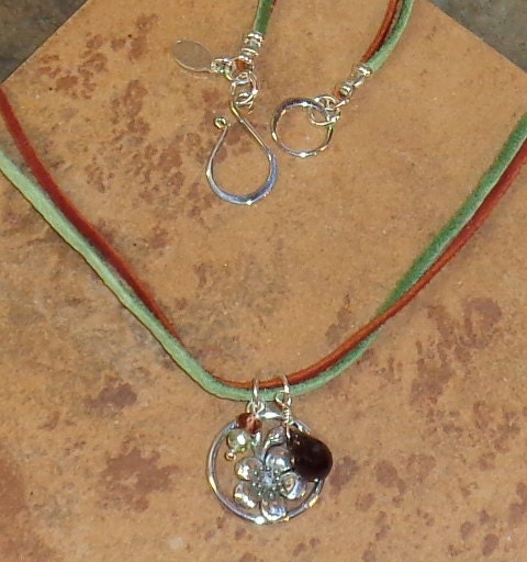 Garnet & Silver Plum Flower Charm Necklace on Suede