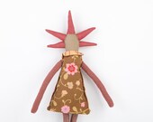 SPRING Plush Modern rag doll With cool oxblood Spikes Haircut - in brown , maroon wears flower dress - timohandmade fabric doll