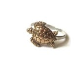 Gold Turtle Ring, Hammered Sterling Silver Ring, Animal Jewelry
