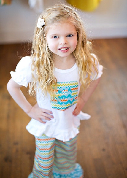 Girls double ruffle pants & tee in zig zag aqua small chevron, personalized for Spring Easter Riley Blake fabric, custom by Baby Harrill