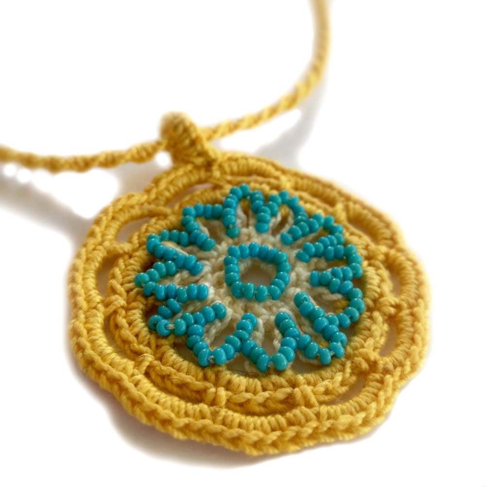 Handmade Crochet Sun Beaded Necklace in Gold and Turquoise, One of a Kind, Handmade
