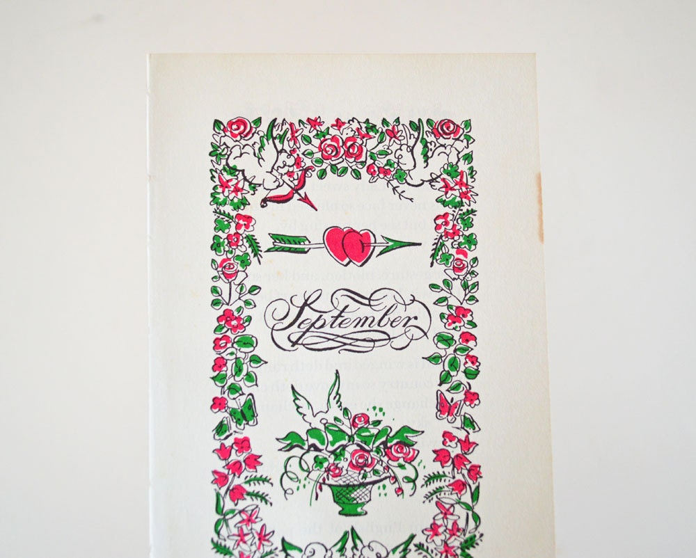 September Vintage Art Print Birthday Month Anniversary Cupid Heart Flowers Pink Green White Cursive Ornate Romantic