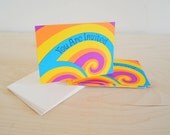 7 Vintage Party Invitations Swirl Wave Rainbow Retro Blue Yellow Orange Mod Hallmark