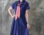 1940s Navy and Red Sailor Checkered Dress