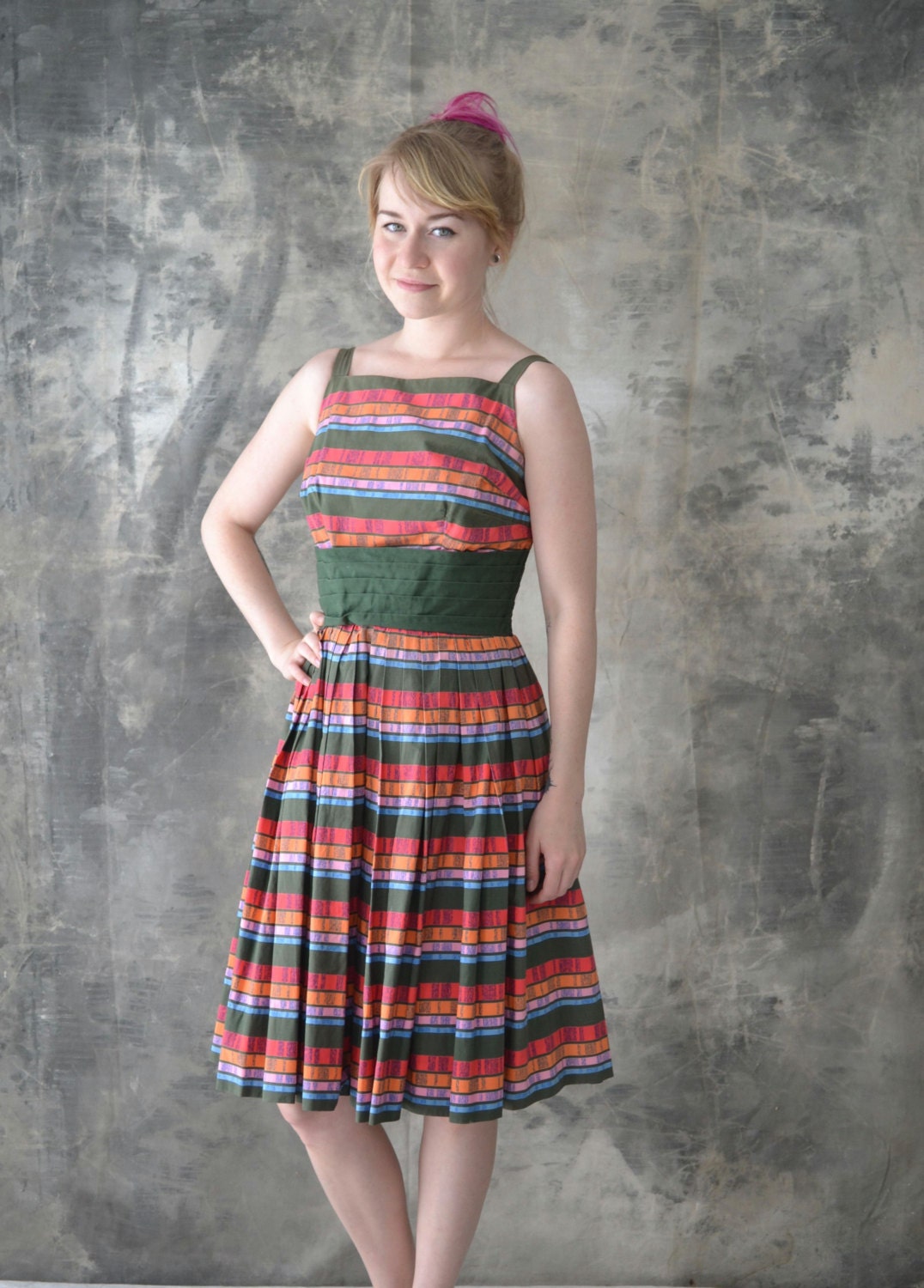 1950s Colorful Stained Glass Striped Cotton Dress