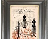 French fabric dress form Mannequin Orange hydrangea printed as dictionary page art print on old antique dictionary book page. Item No. 555