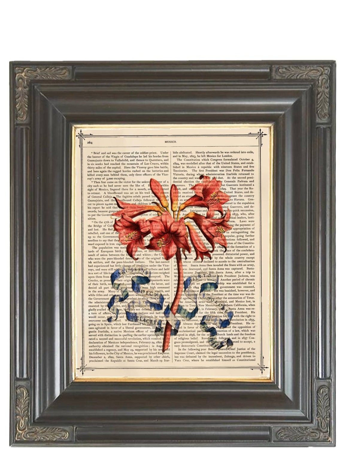 BOGO SALE Antique print Coral flower Blue ribbons printed as dictionary art print on old antique recycled dictionary book page. Item No. 565